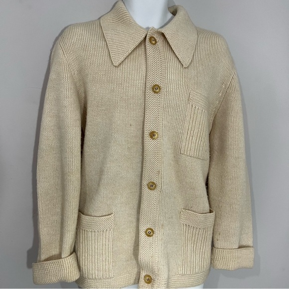 Vintage Lucano Beige Wool Mens Chunky Knit Cardigan Sweater XL Old Money Neutral - Picture 7 of 17
